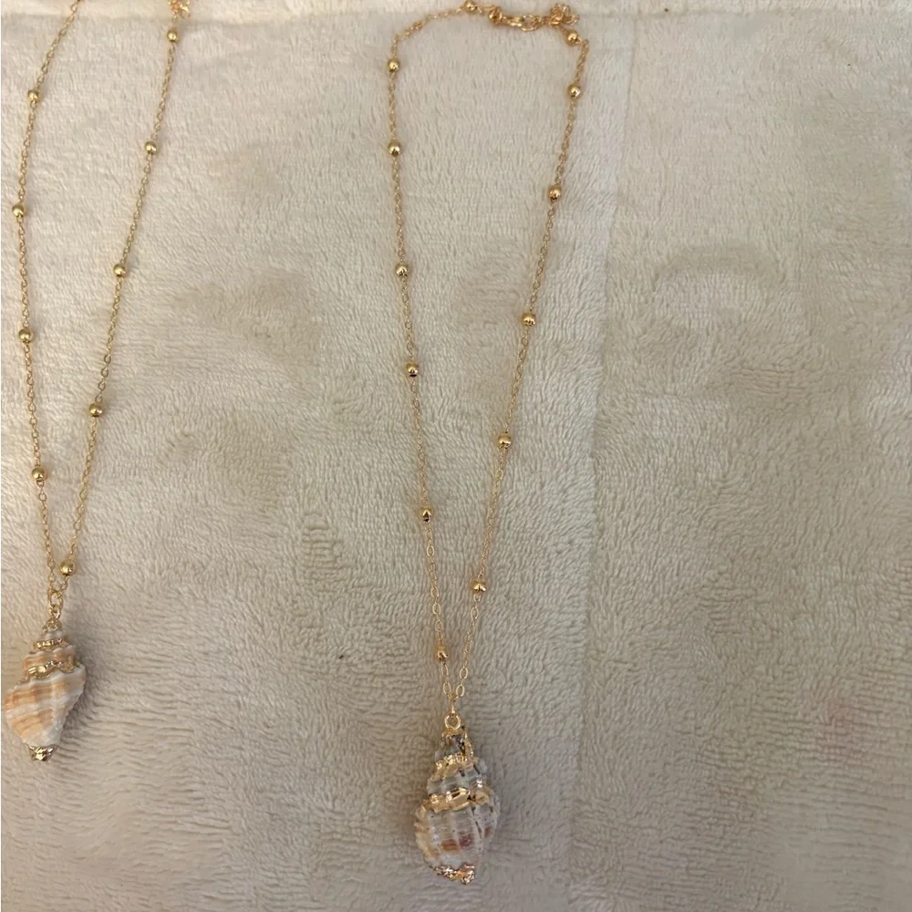 Gold Seashell Necklace | 16-18” Stainless Steel Beaded Chain | Coastal Boho - Picture 4 of 5